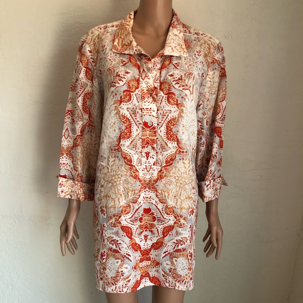 Chico’s 100% Linen Cream/Orange Floral Blouse Women’s Size 2 ( US-L) 3/4 Sleeves